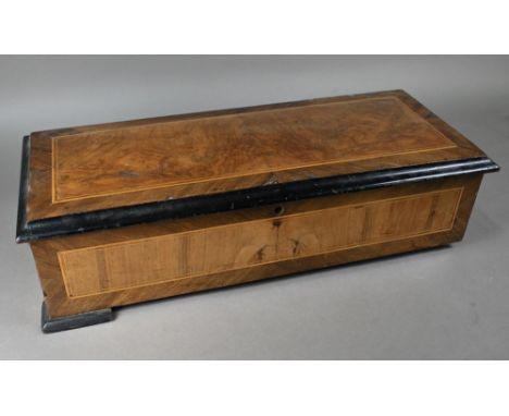 A 19th century Swiss inlaid walnut mechanical music box, the 28 cm&nbsp;cylinder playing ten airs, with comb-damper on lyre-s
