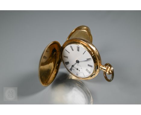 An 18K gold keyless full hunter minute repeat pocket watch, the white enamel dial with roman numerals and secondary seconds, 