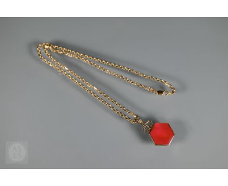 A 9ct rectangular cable link chain approx 8g, with double-sided hexagonal pendant attached, set red enamel and mother of pear