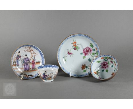 An 18th century Chinese famille rose and cafe au lait ground tea bowl (8 cm diameter) and saucer (13.5 cm diameter) peony and