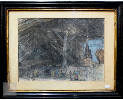 Edward Lear (1812-1888) - '363 Soonah, June 7 1874, 6.15pm', banyan tree with temple buildings beyond, mixed media, wash and 