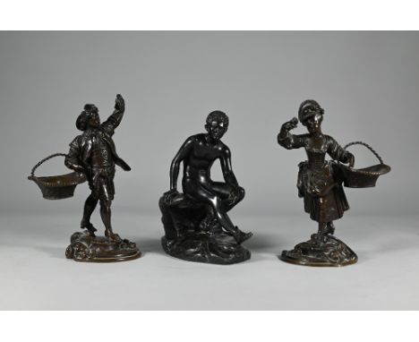 A pair of Continental brown-patinated bronze figures of street-vendors with baskets, 18 cm high to/w a bronze in the antique 
