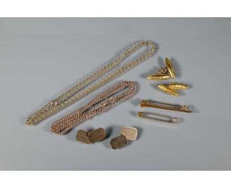 A pair of cased 9ct yellow gold torpedo-shaped chain-linked cufflinks, a pair of engine-turned rectangular 9ct yellow gold cu