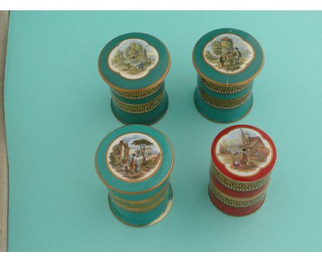 A small trinket set lid and base: Monastic Ruins (371) green ground and three similar other small lids and bases but with def