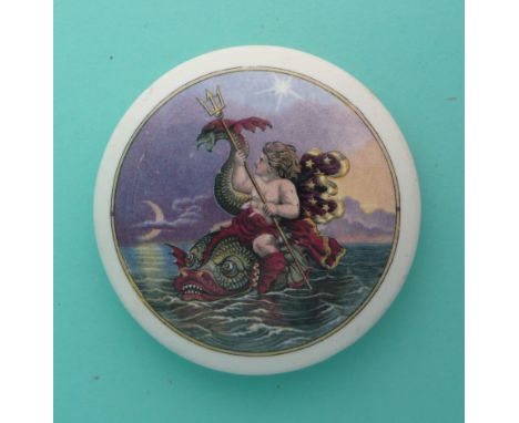 Sea Nymph with Trident (64) purple cloak, flange drilled (Prattware, pot lid, potlid, Staffordshire) 