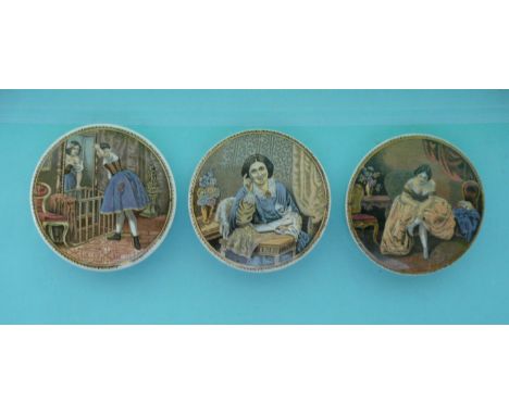 The Mirror (101) Lady Reading Book (105) and Lady Fastening Shoe (110) (3) (Prattware, pot lid, potlid, Staffordshire) 