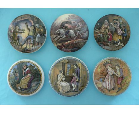 Six figural lids (6) (Prattware, pot lid, potlid, Staffordshire) 