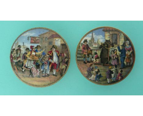 The Parish Beadle (236) and The Village Wakes (232) hairline crack (2) (Prattware, pot lid, potlid, Staffordshire) 