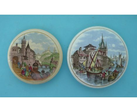 Swiss Riverside Scene (65) and Dutch River Scene (66) (2) (Prattware, pot lid, potlid, Staffordshire) 