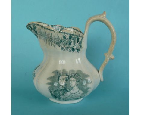 1840 Wedding: a lobed pottery jug printed in green with portrait, coat of arms and flowers, 170mm (commemorative, royal, roya