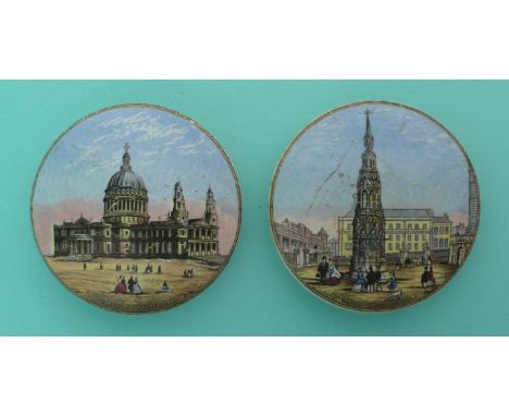 St Paul’s Cathedral (192A) and Eleanor Cross (194) (2) (Prattware, pot lid, potlid, Staffordshire) 