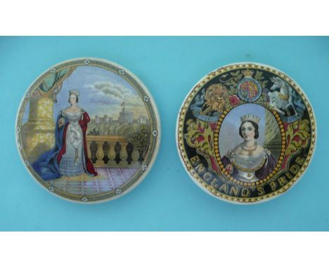 Queen Victoria on Balcony (150) medium and England’s Pride (149) black ground (2) (Prattware, pot lid, potlid, Staffordshire,