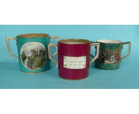 A malachite ground loving cup, 115mm another with gilt presentation panel and one other (3) (Prattware, pot lid, potlid, Staf