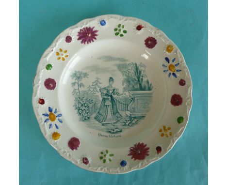 1837/38 Victoria: a nursery plate with colourful floral moulded border printed with a full-length portrait in green (commemor