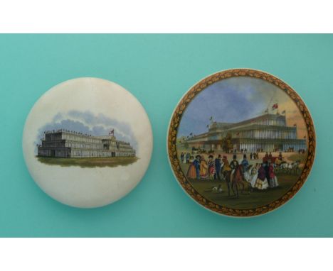 Exhibition Buildings 1851 (134) and Grand Exhibition 1851 (135) both with hairline cracks (2) (Prattware, pot lid, potlid, St