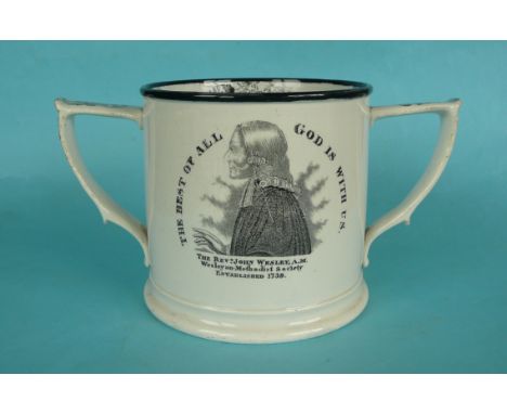 1839 Rev John Wesley: a good pottery loving cup printed in black with an inscribed profile and on the reverse a named portrai