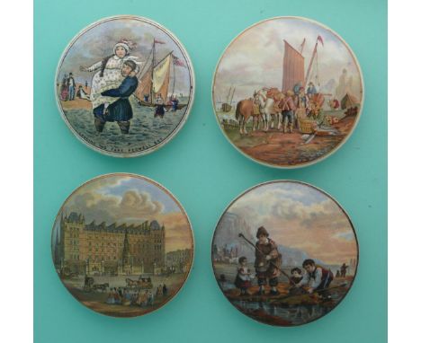 Landing the Fare (38) and three other lids (4) (Prattware, pot lid, potlid, Staffordshire) 
