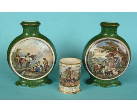 A good pair of malachite ground flask shaped vases, 165mm and a small spill vase, damaged (3) (Prattware, pot lid, potlid, St