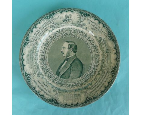 1861 Albert in Memoriam: a pottery plate published by J.T. Close printed in green with a portrait within a border detailing d