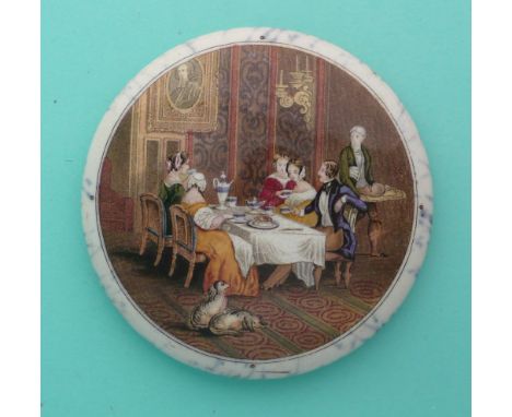 The Breakfast Party (314) large, rare variant with knife in place of plates on front right of table (Prattware, pot lid, potl