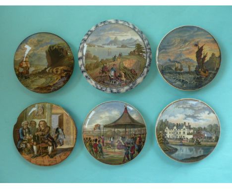 Harbour of Hong Kong (221) mottled border and five other lids, each with faults (6) (Prattware, pot lid, potlid, Staffordshir