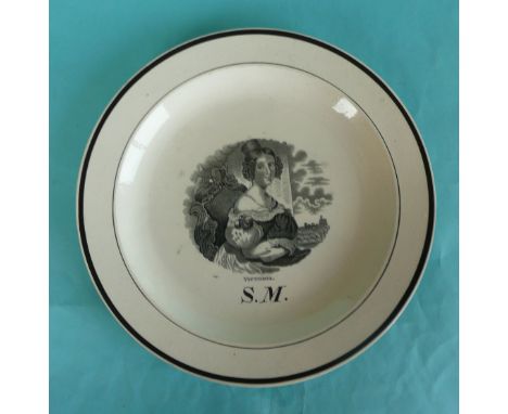 1837/38 Victoria: a creamware plate printed in black with a named portrait initialled SM, indistinct impressed mark, 245mm (c