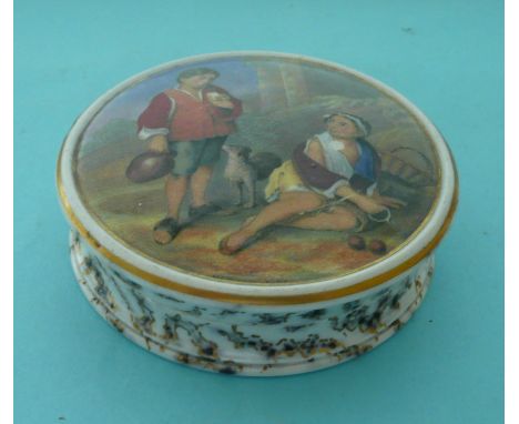 Peasant Boys (348) black and gilt mottled flange complete with matching base (2) (Prattware, pot lid, potlid, Staffordshire) 
