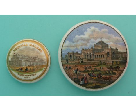 Crystal Palace Exhibition 1851, small domed lid and Philadelphia Exhibition (147) rim chip (2) (Prattware, pot lid, potlid, S