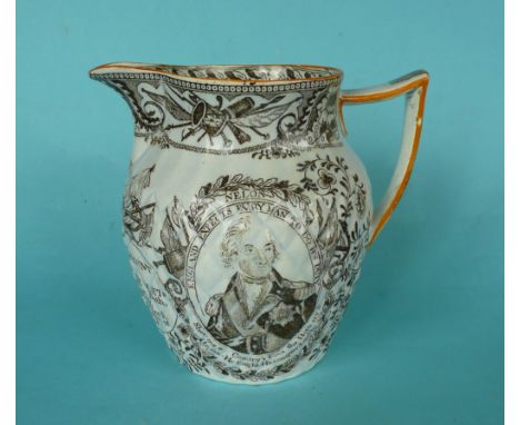 1805 Nelson in Memoriam: a good pearlware jug the lozenge moulded body printed in brown with an inscribed portrait and on the