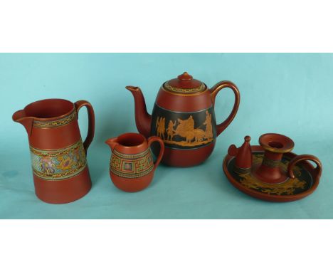 A terracotta chamberstick and snuffer decorated with a continuous hunting scene, 165mm diameter, a teapot and cover with char