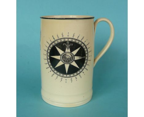 A cylindrical creamware tankard printed in black with a compass centred by a portrait and on the reverse four lines of verse 