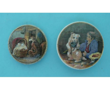 Deerhound Guarding Cradle (269) domed lid with shaped base and The Begging Dog (270) (3) (Prattware, pot lid, potlid, Staffor