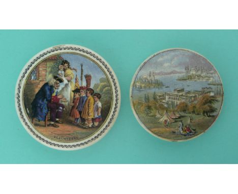 The Volunteers (214) fancy border and Golden Horn (204) chipped (2) (Prattware, pot lid, potlid, Staffordshire) 