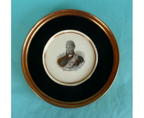 1820 Proclamation of George IV: a porcelain dish printed in black and decorated in gilt with an inscribed portrait, 122mm, fr