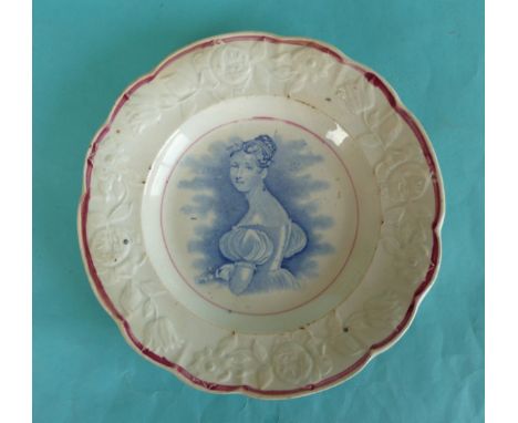 1837/38 Victoria: a nursery plate with floral and foliate border lined in pink, printed in blue with a portrait after Collen 