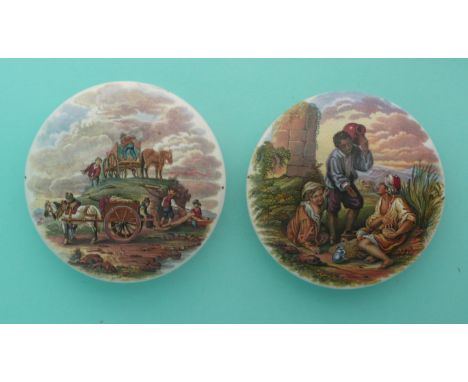 The Quarry (352) and Boy with Pitcher (344) (2) (Prattware, pot lid, potlid, Staffordshire) 