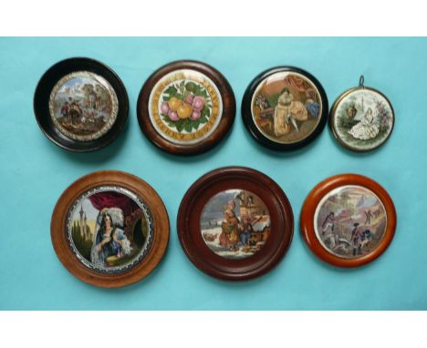 Seven various framed small lids (7) (Prattware, pot lid, potlid, Staffordshire) 