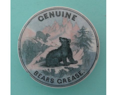 Genuine Bear’s Grease (458) with pink underglaze colouring, chip to rim at eight o’clock (Prattware, pot lid, potlid, Staffor
