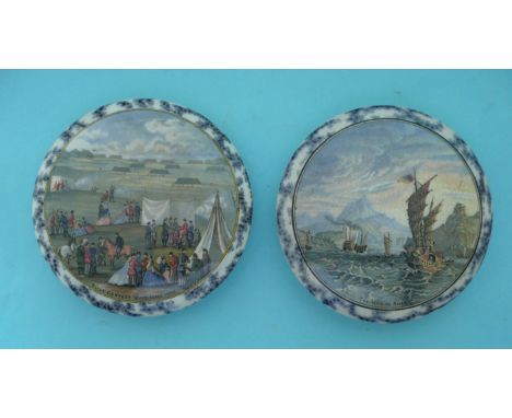 Rifle Contest Wimbledon 1865 (224) and Ning Po River (222) both with black mottled border (2) (Prattware, pot lid, potlid, St