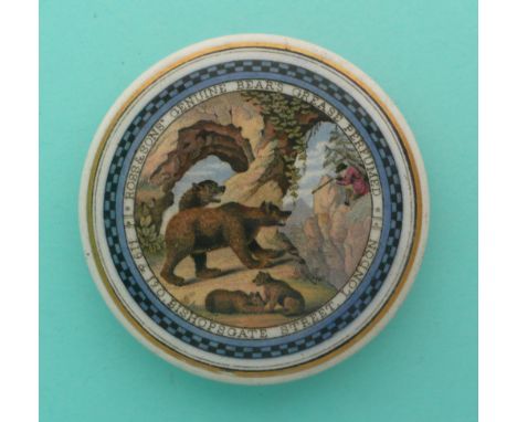 Bear Hunting (4) 97mm, blue chequered border, gilt lined rim, (Prattware, pot lid, potlid, Staffordshire) * Ex Ball collectio