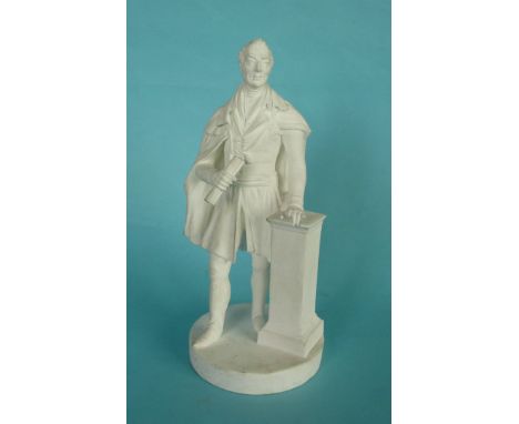 Duke of Wellington: a bisque figure depicted standing on a circular base inscribed ‘Pub by Beven &amp; Co’, circa 1835, 122mm