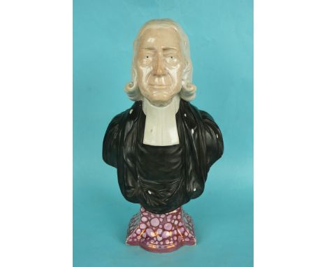 1791 Rev John Wesley in Memoriam: a pearlware portrait bust by Enoch Wood on integral pink lustre decorated pedestal base, th