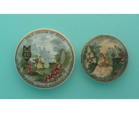 The Ornamental Garden (121) hairline crack at seven o’clock and The Circassian (127) hairline crack (2) (Prattware, pot lid, 