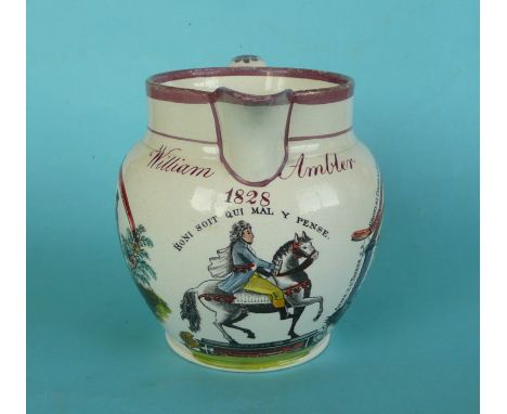 A pearlware jug printed in black and decorated with Orange Order symbols and an equestrian portrait of Prince William, inscri