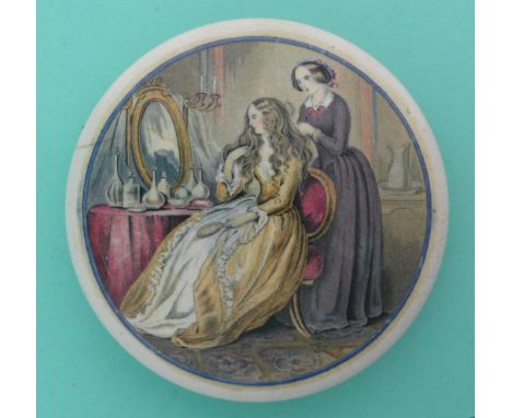 Dressing My Lady’s Hair (434) hairline crack (Prattware, pot lid, potlid, Staffordshire) 