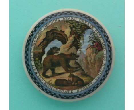 Bear Hunting (4) 88mm, blue chequered border, restored chip and fine hairline crack both to flange (Prattware, pot lid, potli