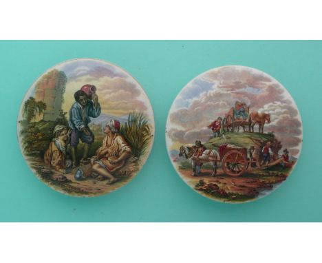 Boy with Pitcher (344) and The Quarry (352) (2) (Prattware, pot lid, potlid, Staffordshire) 