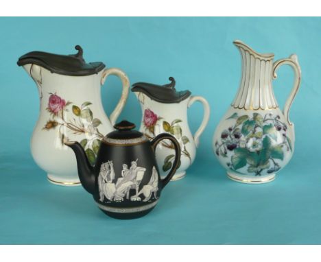 Two pewter lidded jugs, another with blackberries and foliage, 215mm and an ‘Old Greek’ teapot and cover (5) (Prattware, pot 
