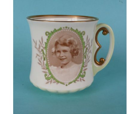 1937 Princess Elizabeth: a Royal Doulton porcelain mug with E handle printed in sepia with a portrait and named on the revers