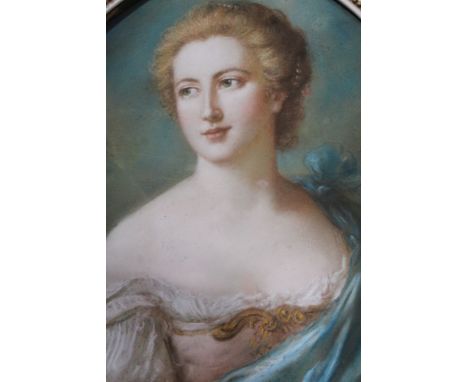 In the French 18th century style, "Portrait of a Lady of fashion" pastel drawing, 60cm x 49cm, oval, framed